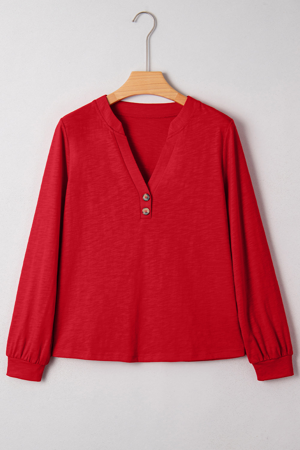 Racing Red Casual Button V Neck Long Sleeve Top