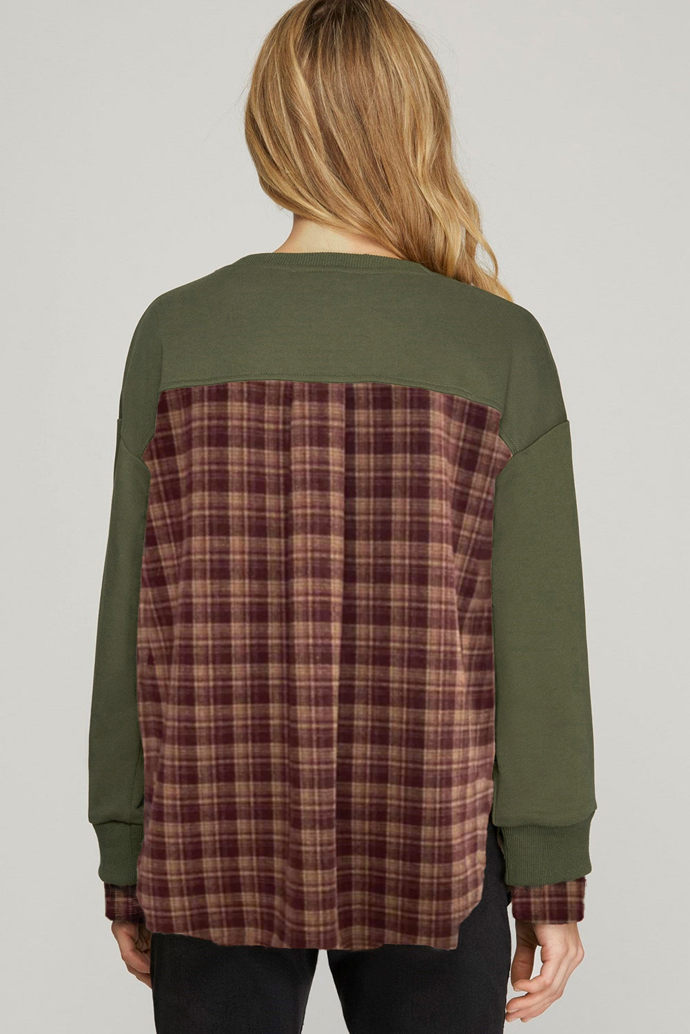 Moss Green Vintage Plaid Patchwork Drop Shoulder Sweatshirt