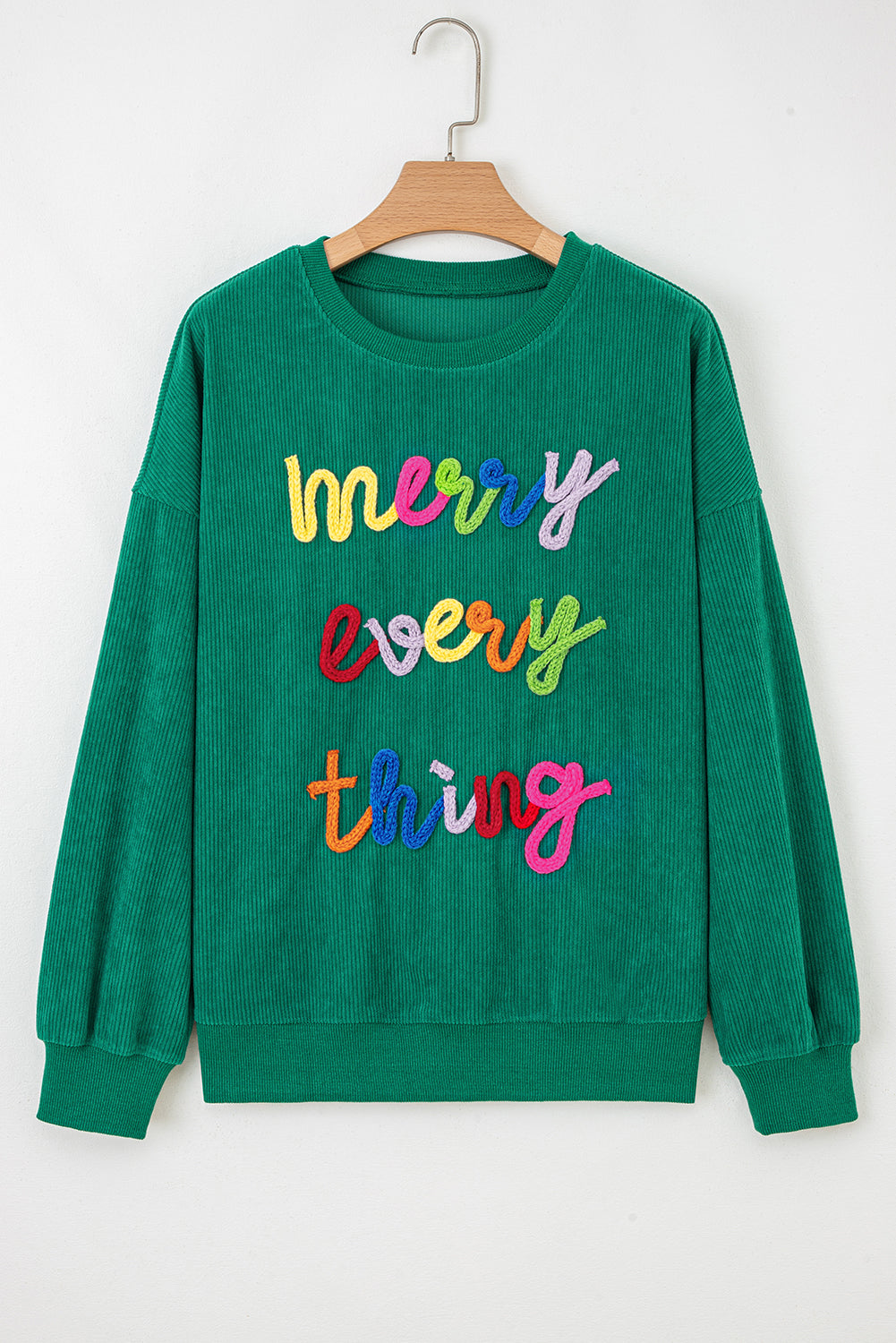 Dark Green merry everything Letter Graphic Ribbed Loose Sweatshirt