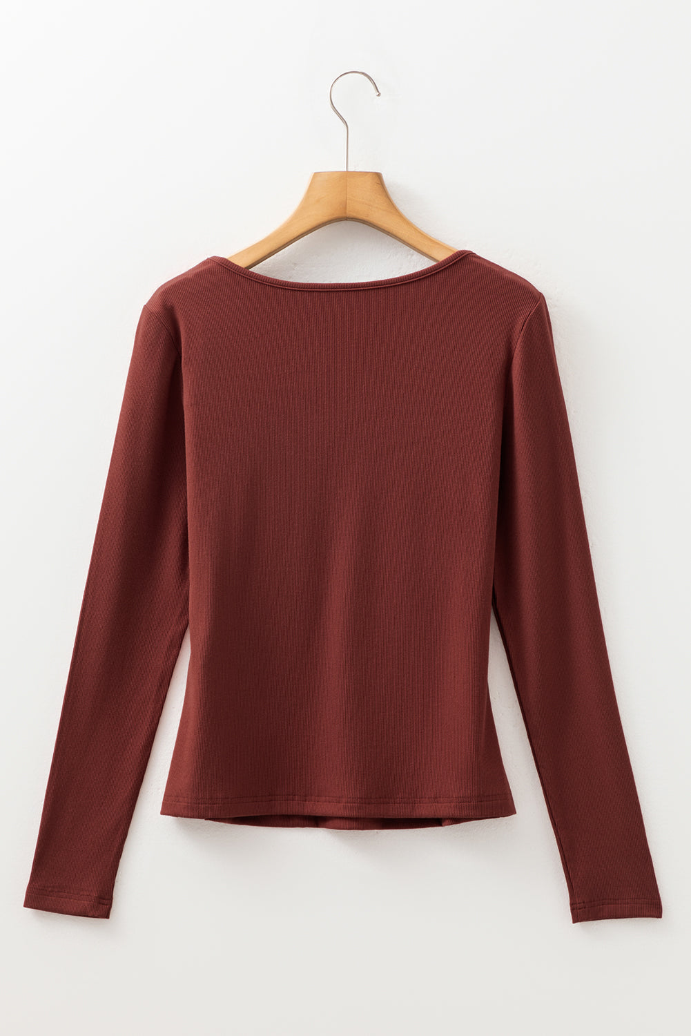 Burgundy Ruched Sweetheart Neck Ribbed Long Sleeve Top