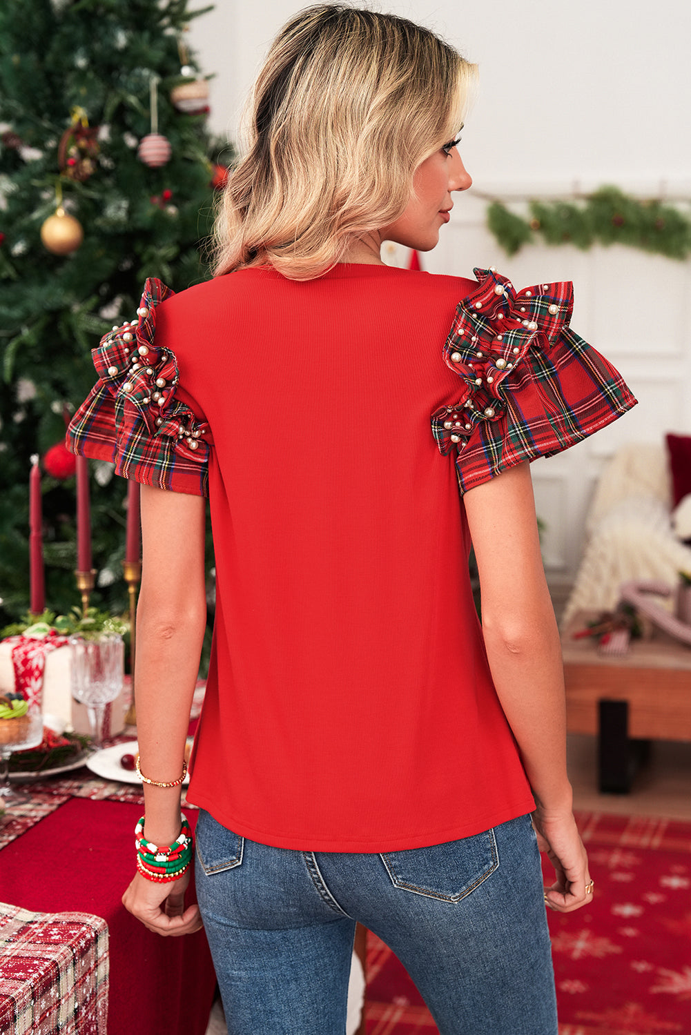 Racing Red Pearl Plaid Ruffle Sleeve Loose T Shirt