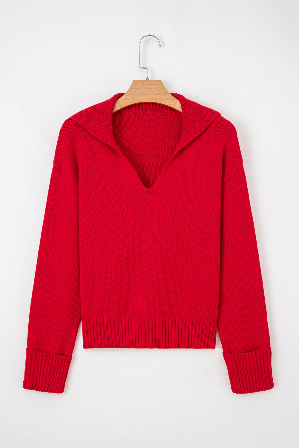 Racing Red Ribbed Edge Collared V Neck Loose Fit Sweater