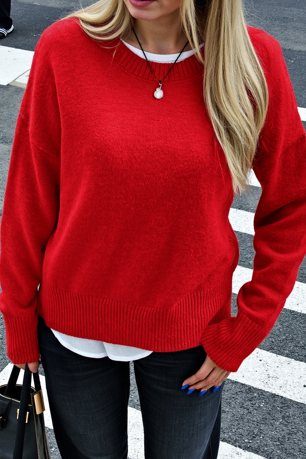 Racing Red Solid Color Ribbed Trim Casual Sweater