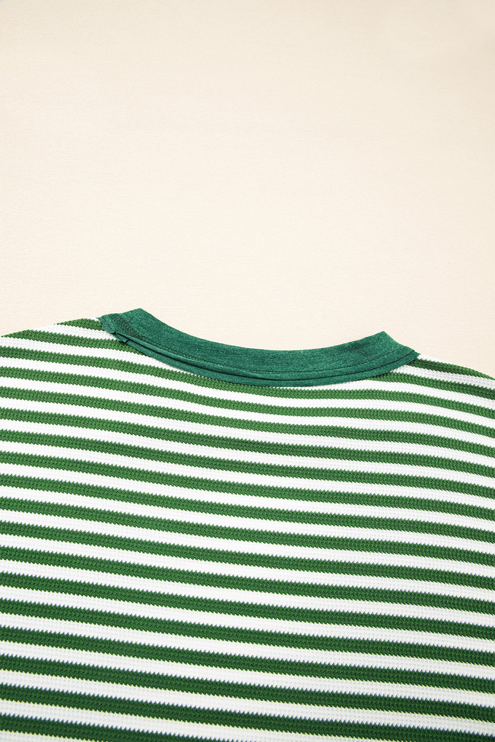 Green Stripe Exposed Seam Patchwork Plus Size Thermal Waffle Top