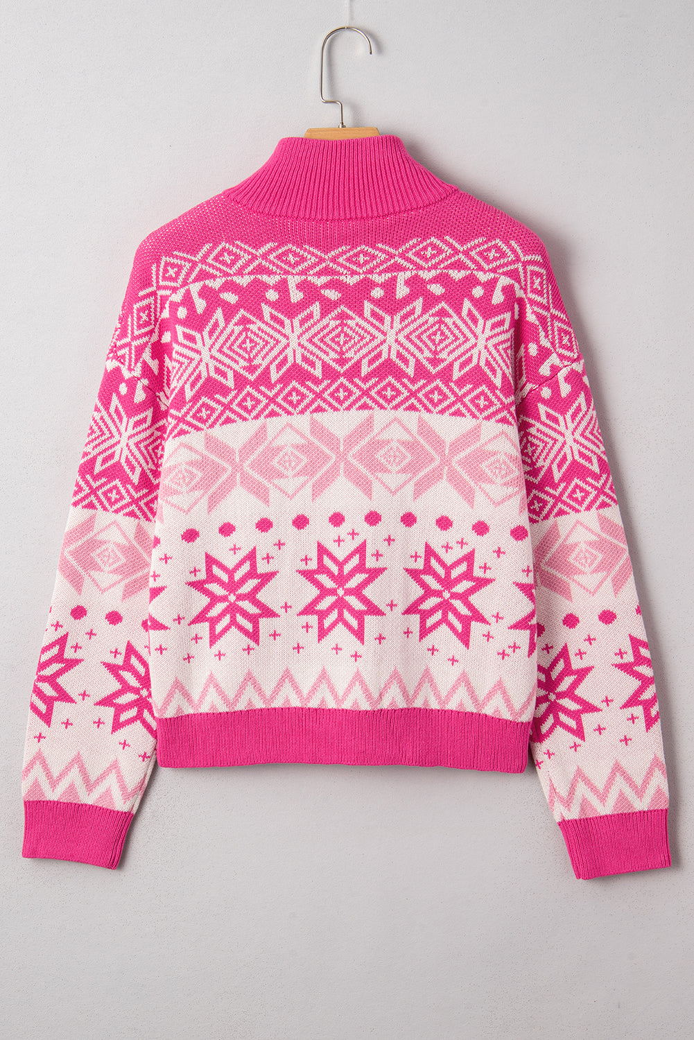 Rose Red Christmas Snowflake Quarter Zip Collard Sweater