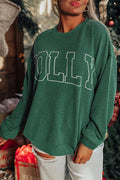 Blackish Green Twisted Rib Merry Letter Graphic Loose Long Sleeve Top