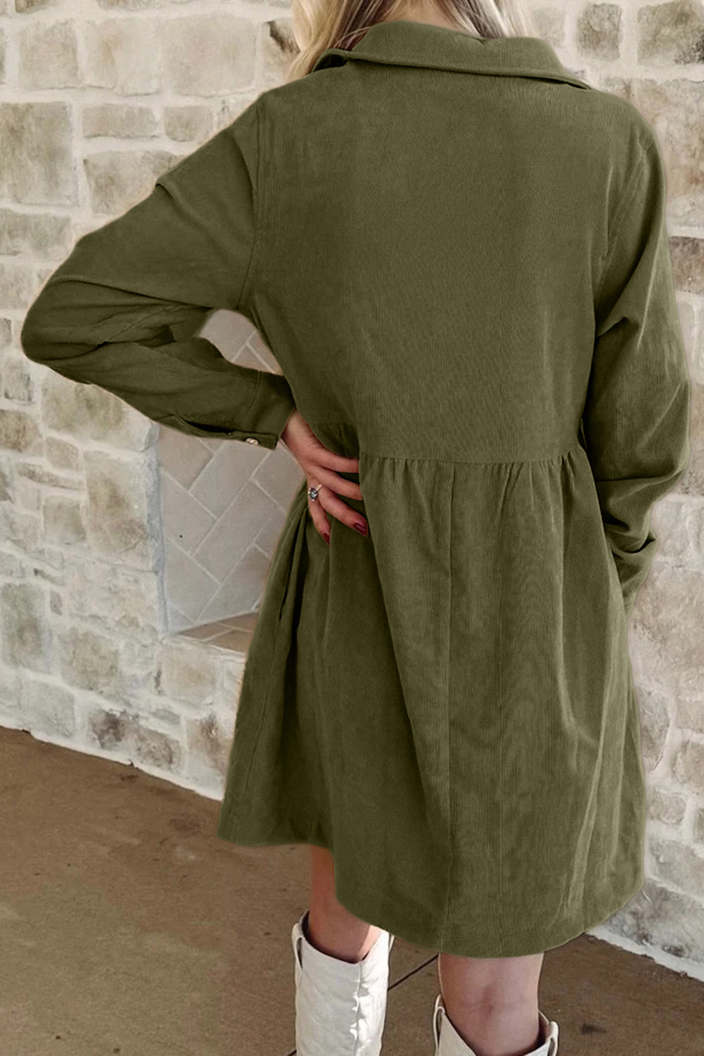 Vineyard Green Corduroy Half Button Collared Long Sleeve Mini Dress