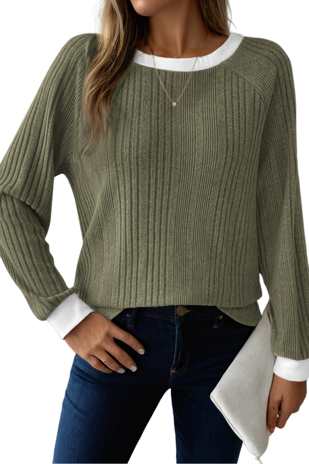 Moss Green Rib Texture Contrast Trim Round Neck Long Sleeve Top