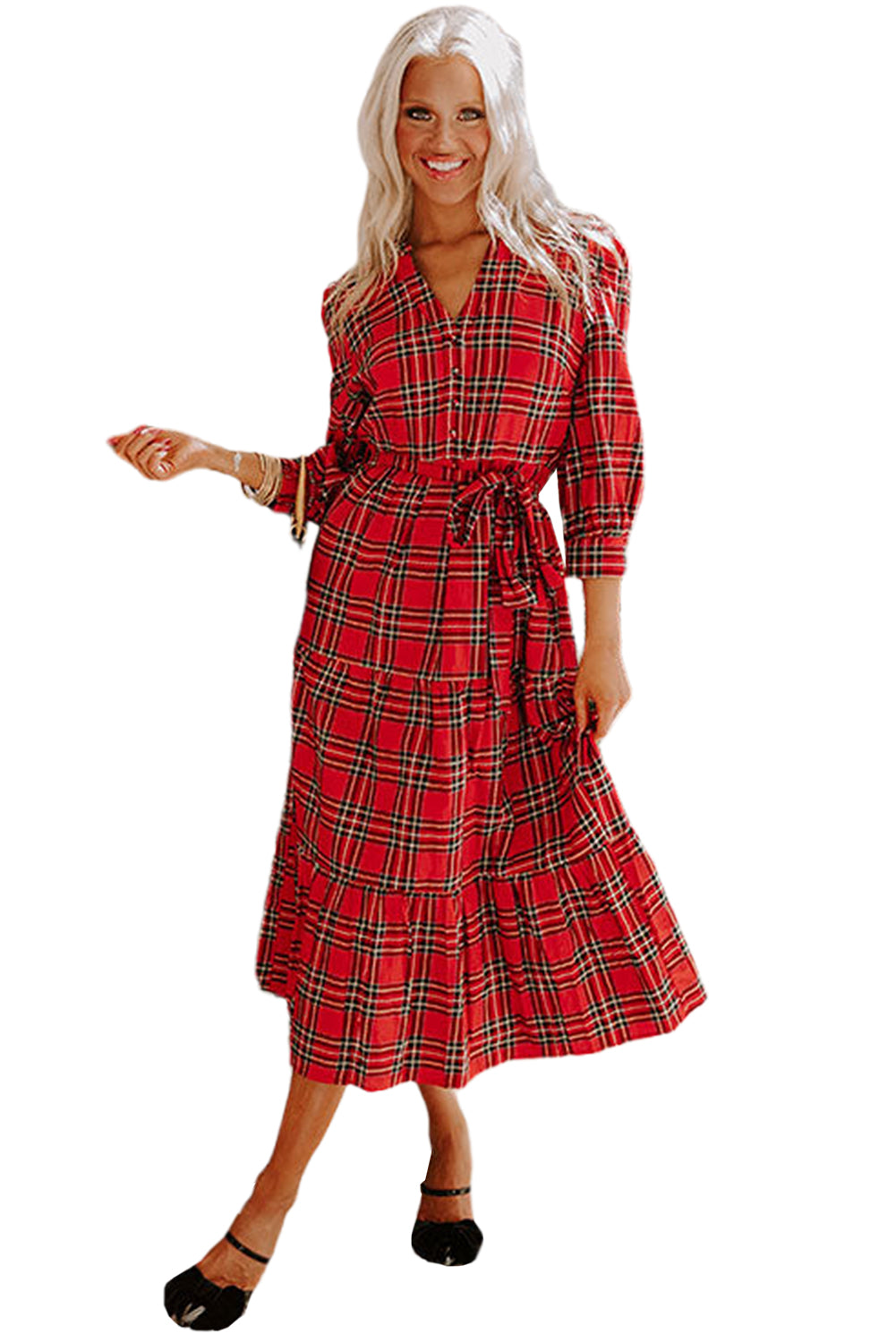 Red Christmas Plaid V Neck Tie Waist Ruffle Hem Long Dress