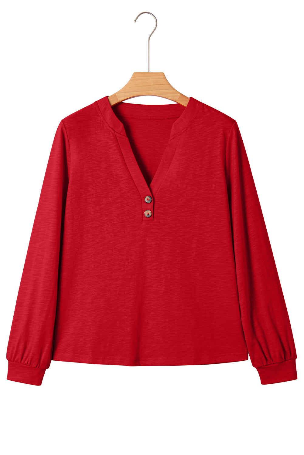 Racing Red Casual Button V Neck Long Sleeve Top