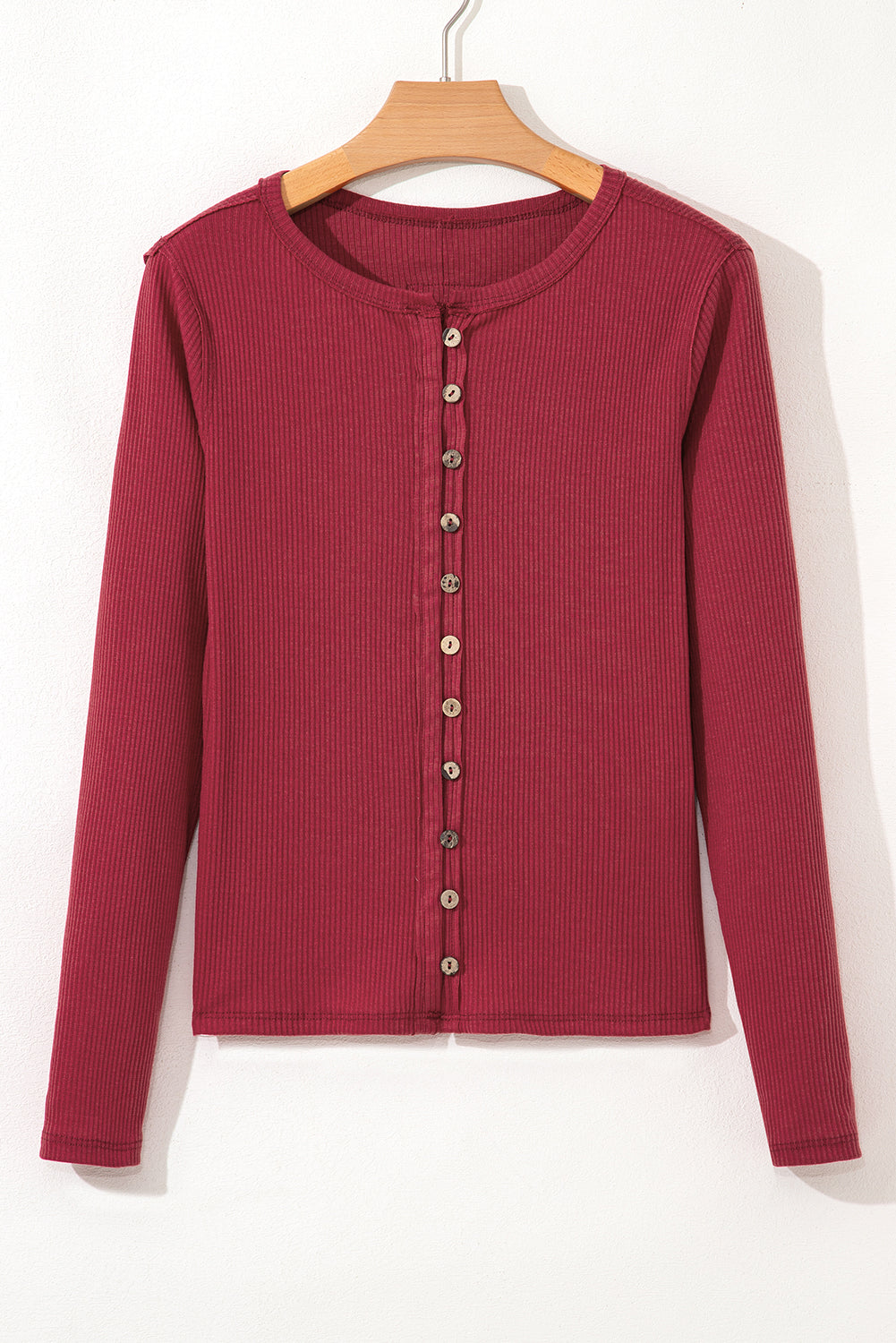 Red Dahlia Ribbed Exposed Seam Button Front Cardigan