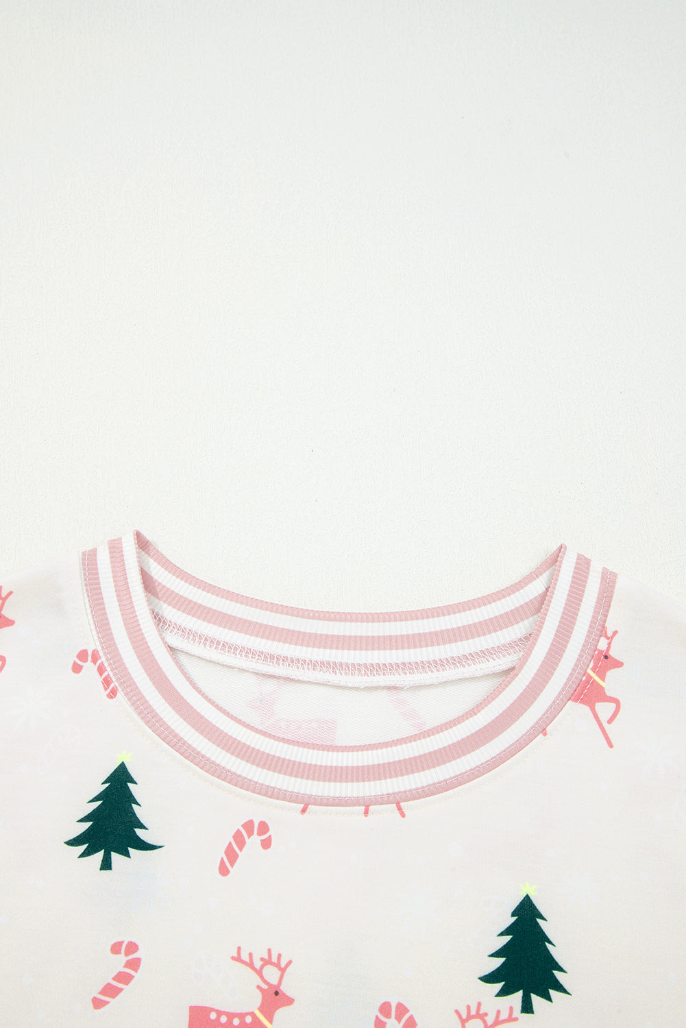 Pink Christmas Tree Reindeer Print Contrast Striped Trim Pajama Set