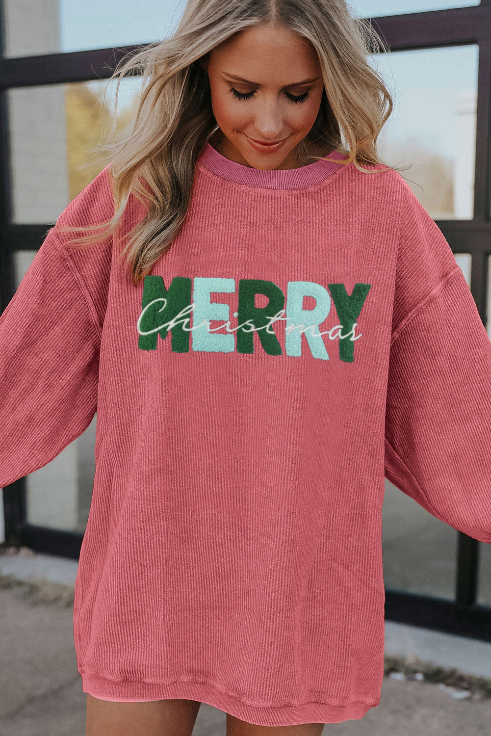 Strawberry Pink MERRY Christmas Terry Flocking Corded Graphic Sweatshirt