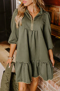 Jungle Green  Quarter Zip Collar Bracelet Sleeve Textured Mini Dress