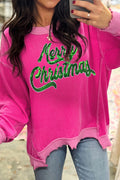 Strawberry Pink Twisted Ribbed Texture Merry Christmas Sequins Patch Top