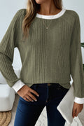 Moss Green Rib Texture Contrast Trim Round Neck Long Sleeve Top