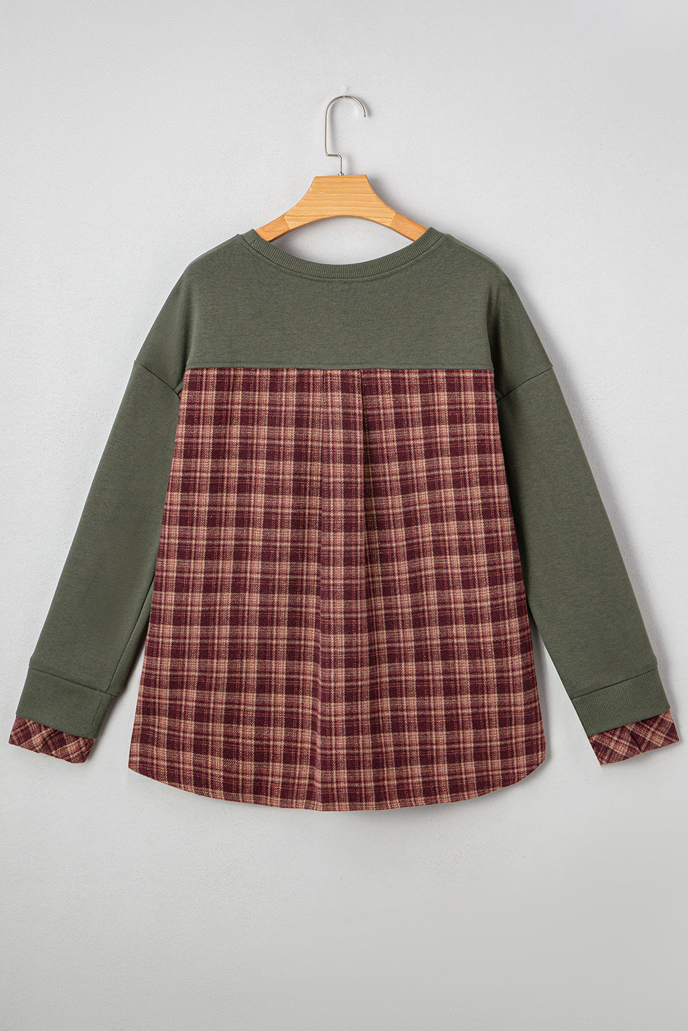 Moss Green Vintage Plaid Patchwork Drop Shoulder Sweatshirt
