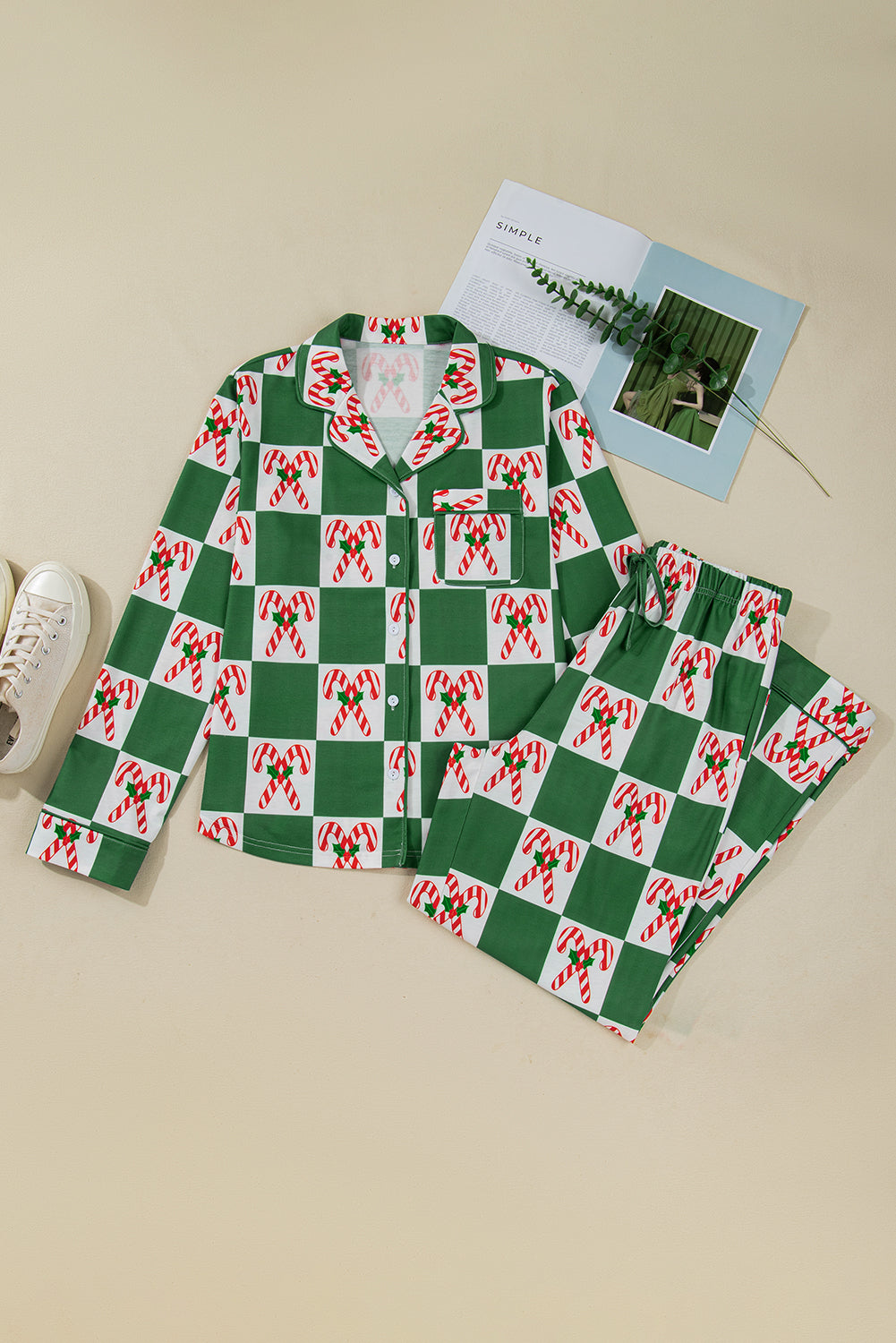 Green Candy Cane Checkered Pattern Christmas Pajama Set