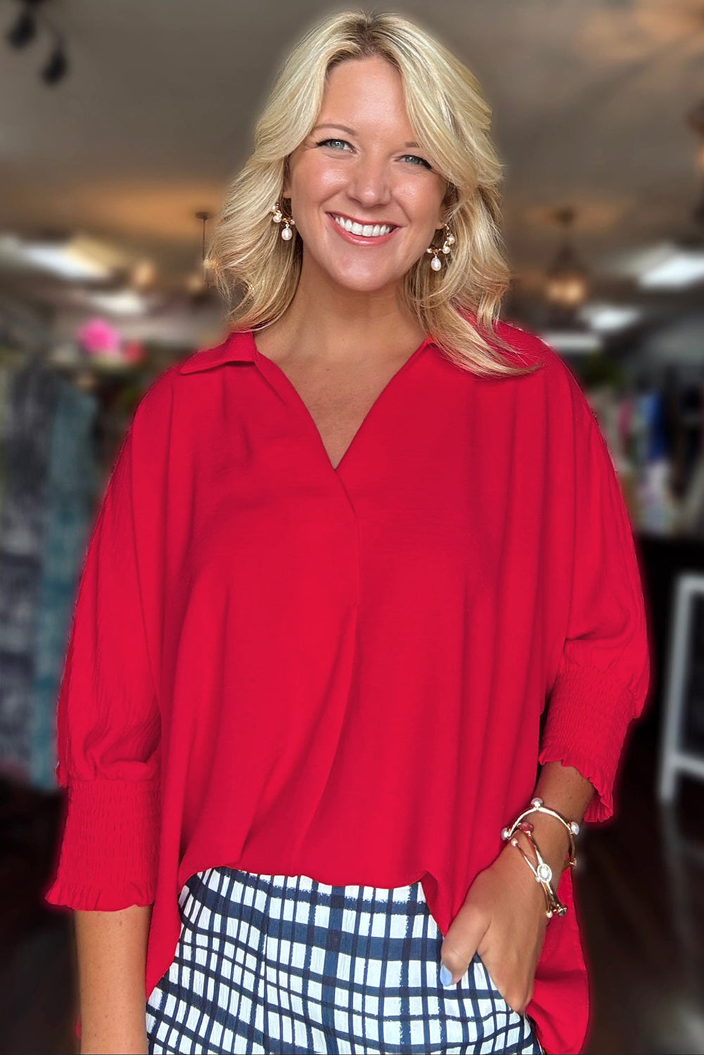 Fiery Red Solid Color Collared Loose Tunic Top