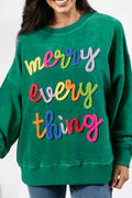 Dark Green merry everything Letter Graphic Ribbed Loose Sweatshirt