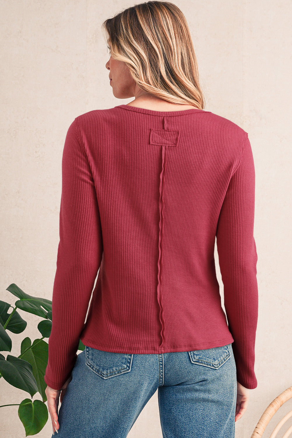 Red Dahlia Ribbed Exposed Seam Button Front Cardigan