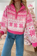 Rose Red Christmas Snowflake Quarter Zip Collard Sweater