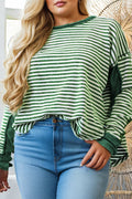 Green Stripe Exposed Seam Patchwork Plus Size Thermal Waffle Top
