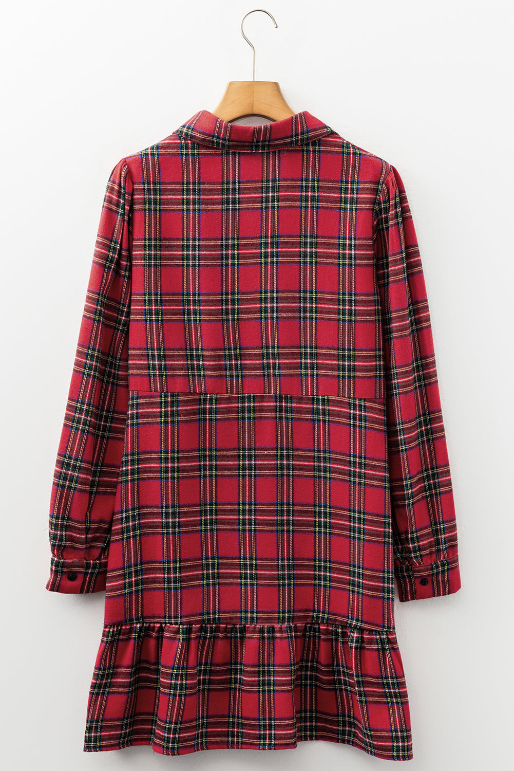 Red Plaid Shirt Collar Half Button Ruffle Hem Long Sleeve Mini Dress