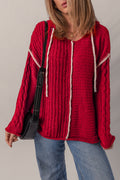 Racing Red Contrast Trim Textured Knit Drawstring Hooded Sweater