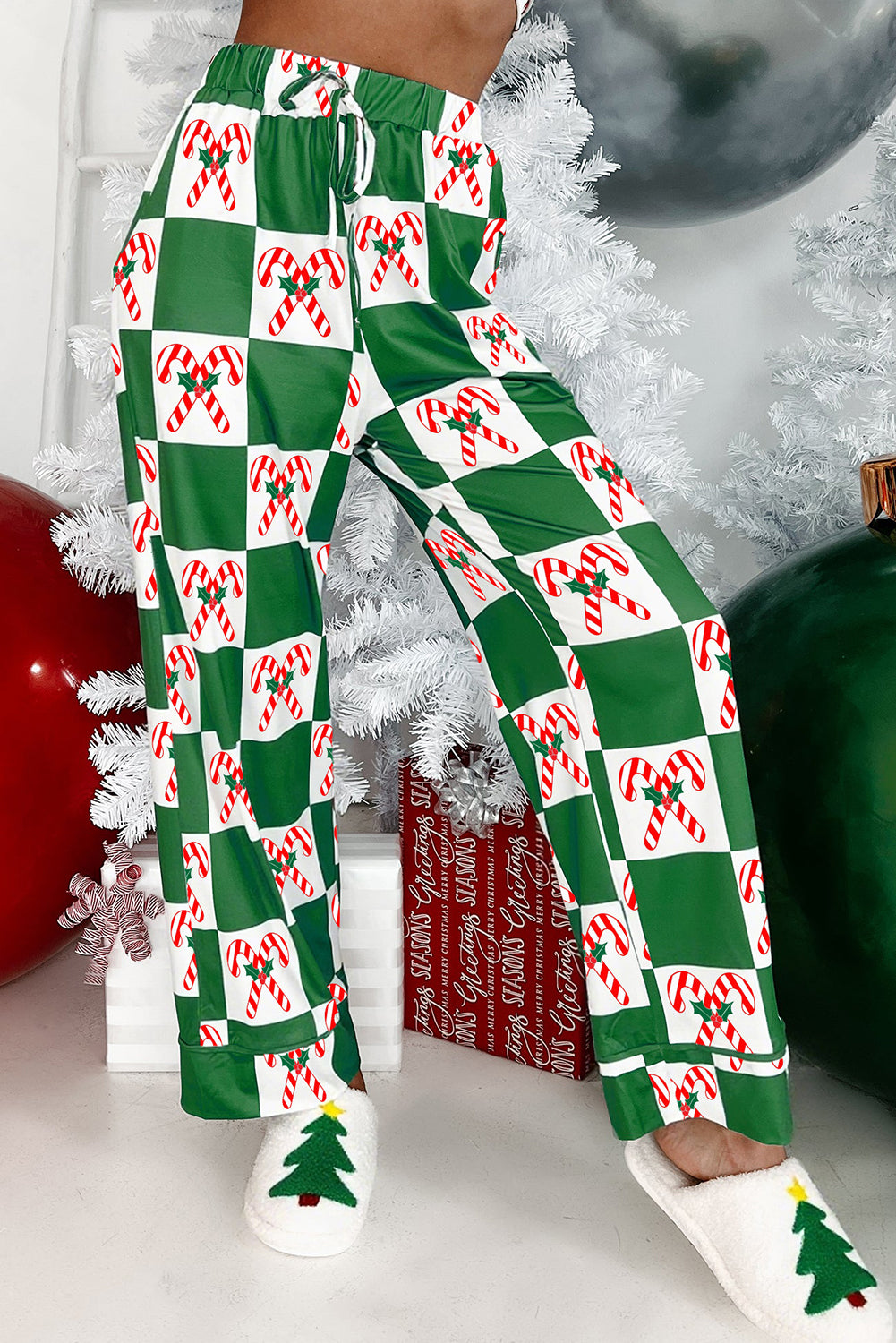 Green Candy Cane Checkered Pattern Christmas Pajama Set