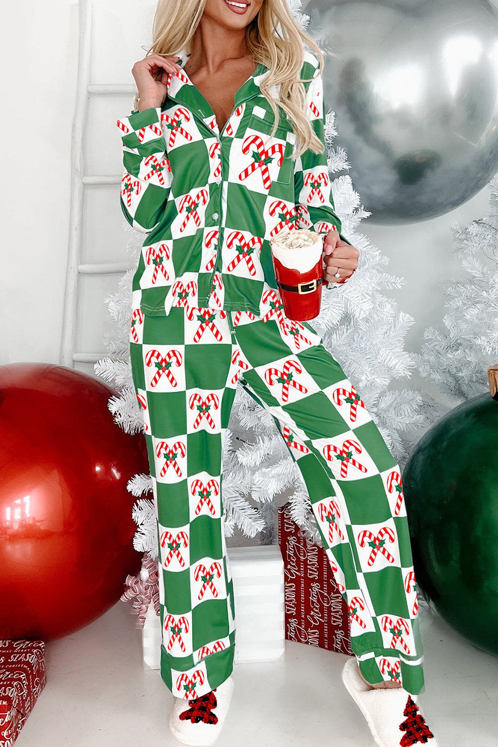 Green Candy Cane Checkered Pattern Christmas Pajama Set