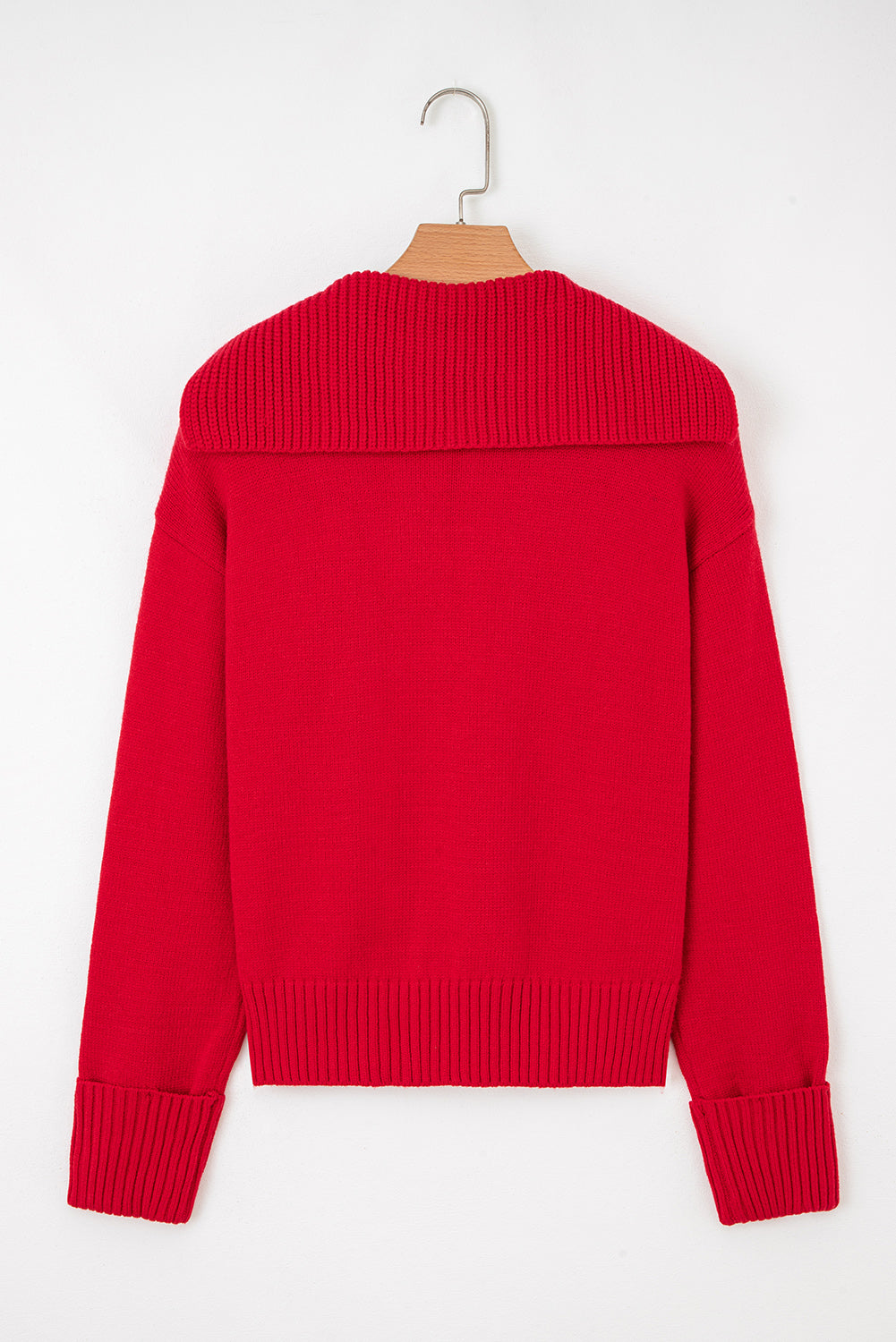 Racing Red Ribbed Edge Collared V Neck Loose Fit Sweater