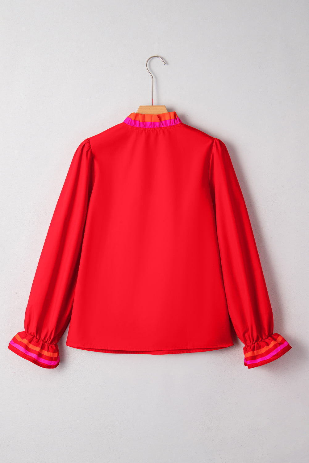 Fiery Red Striped Trim Ruffle Split Neck Long Sleeve Blouse