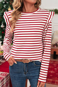 Red Striped Ruffle Shoulder Long Sleeve Top