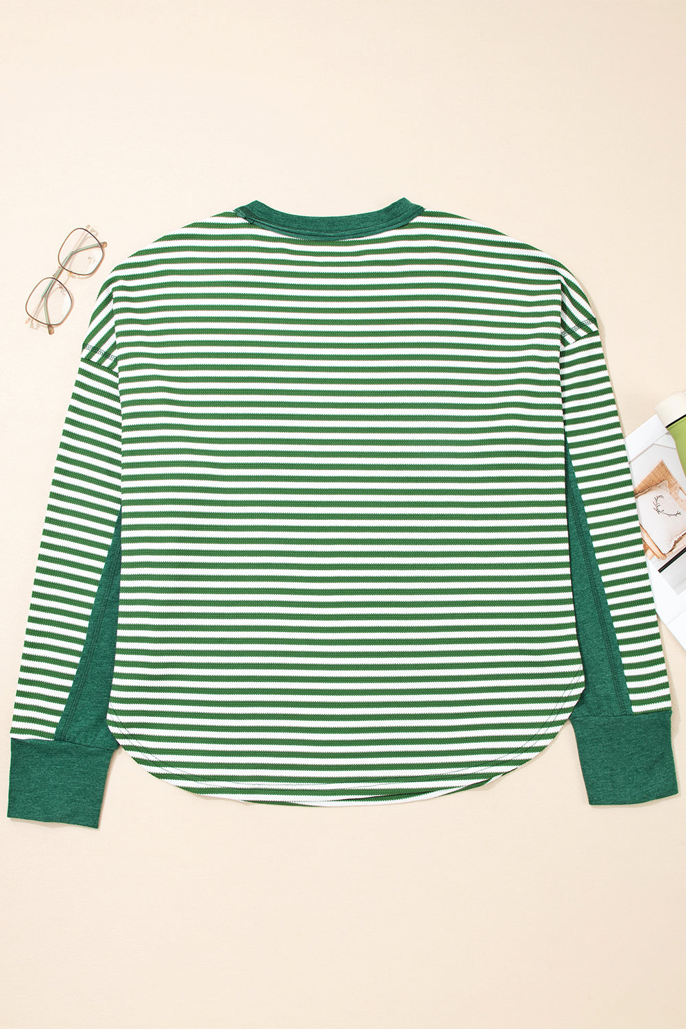Green Stripe Exposed Seam Patchwork Plus Size Thermal Waffle Top