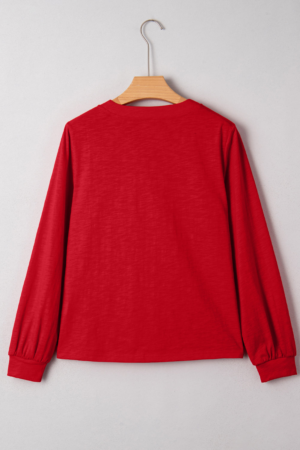 Racing Red Casual Button V Neck Long Sleeve Top