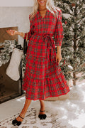Red Christmas Plaid V Neck Tie Waist Ruffle Hem Long Dress