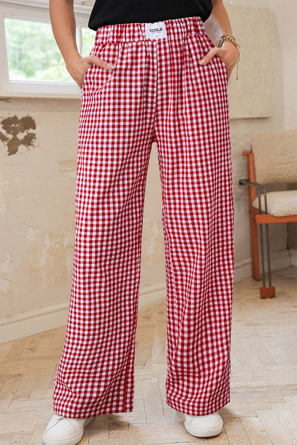 Fiery Red Gingham Casual Loose Pants