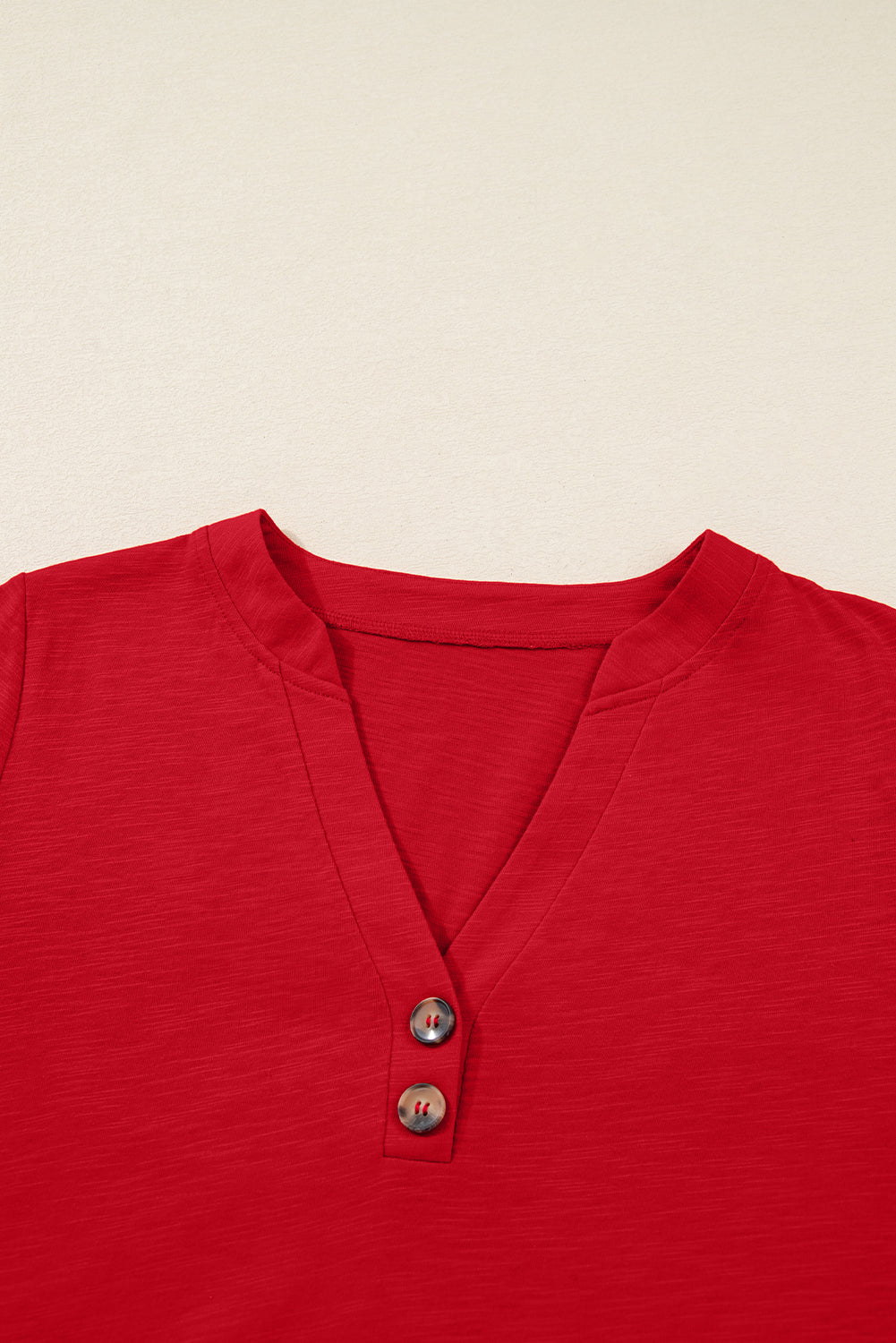 Racing Red Casual Button V Neck Long Sleeve Top