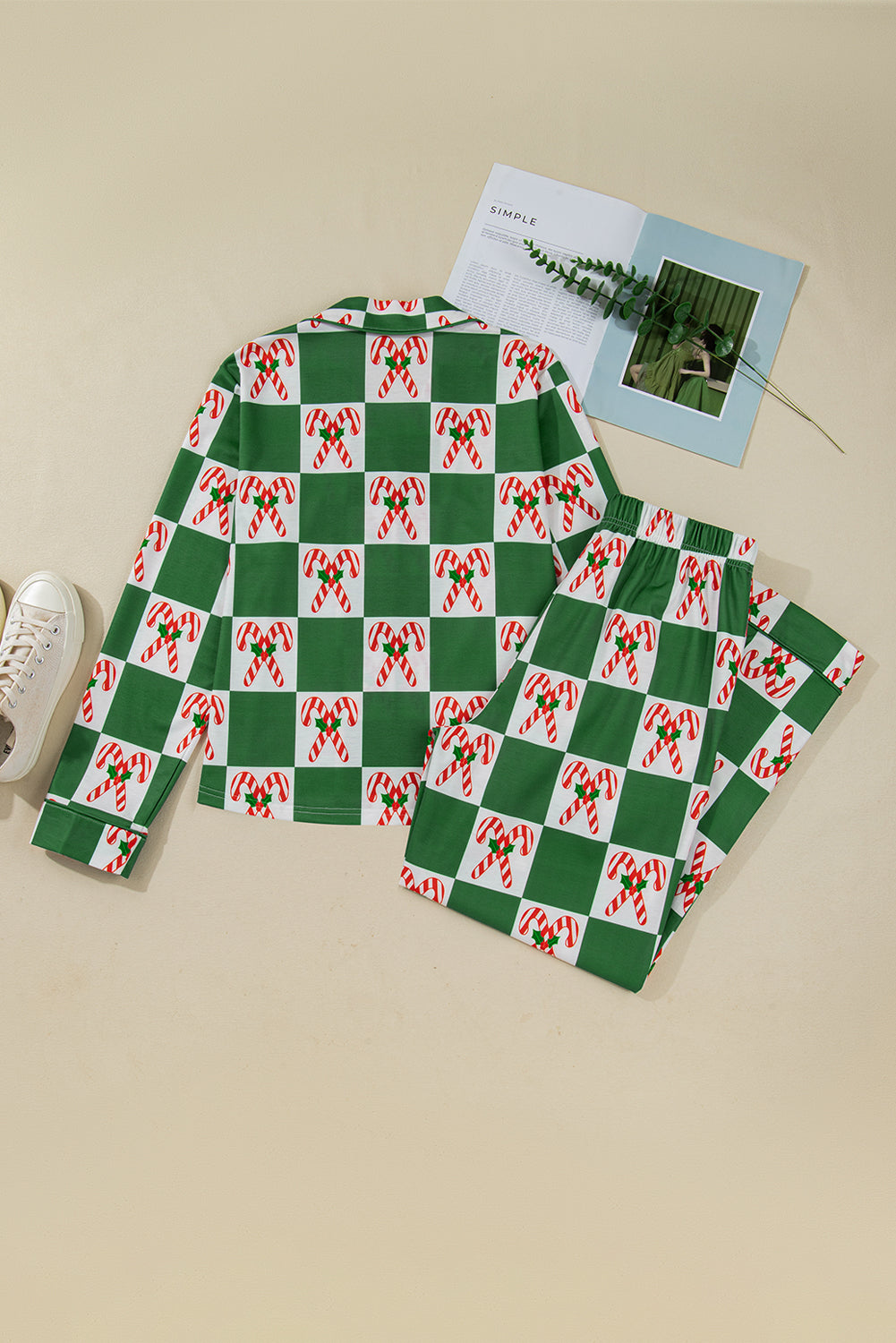 Green Candy Cane Checkered Pattern Christmas Pajama Set