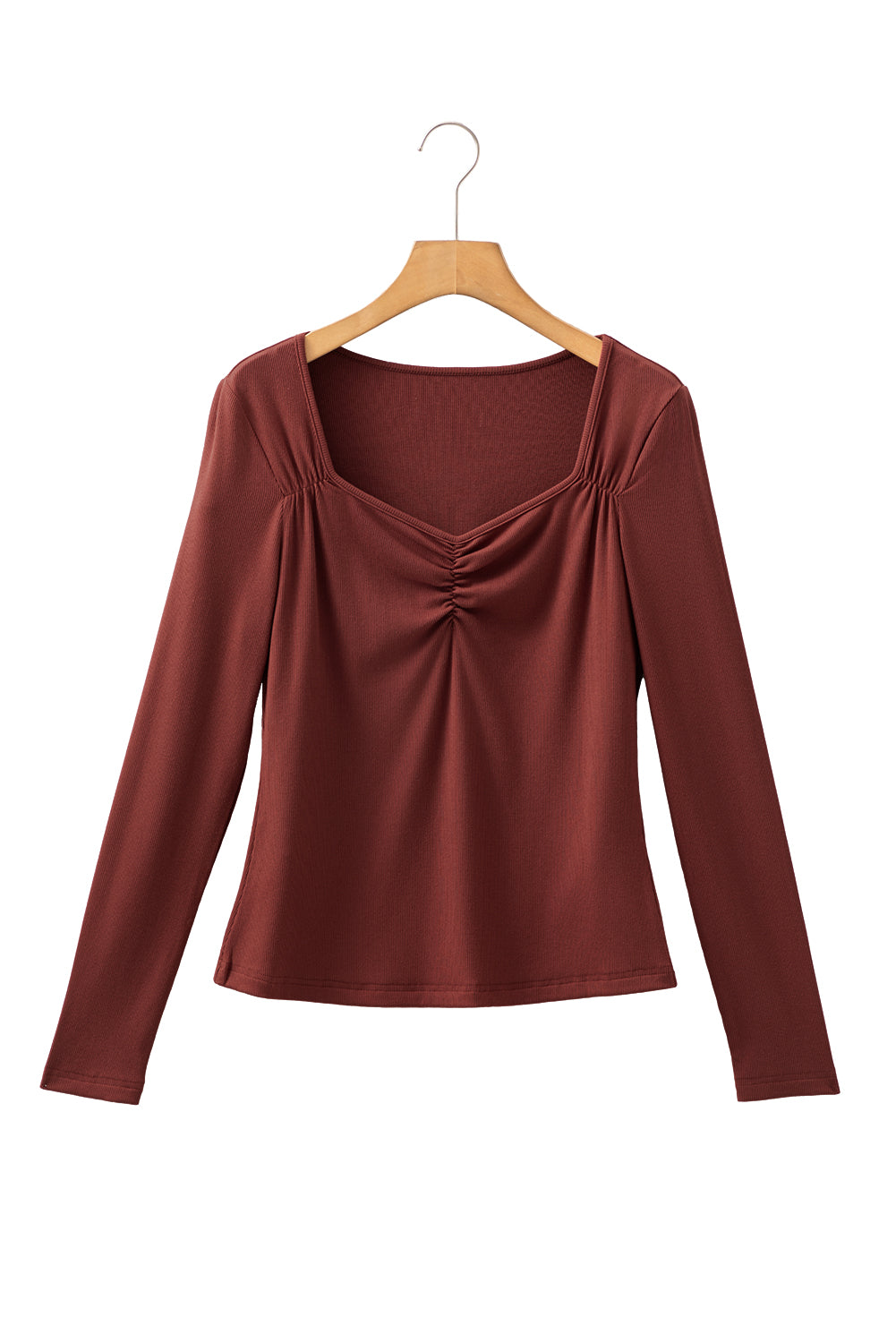 Burgundy Ruched Sweetheart Neck Ribbed Long Sleeve Top