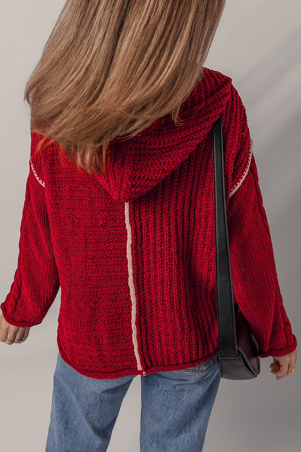 Racing Red Contrast Trim Textured Knit Drawstring Hooded Sweater