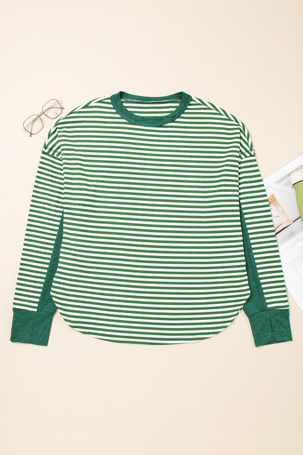 Green Stripe Exposed Seam Patchwork Plus Size Thermal Waffle Top